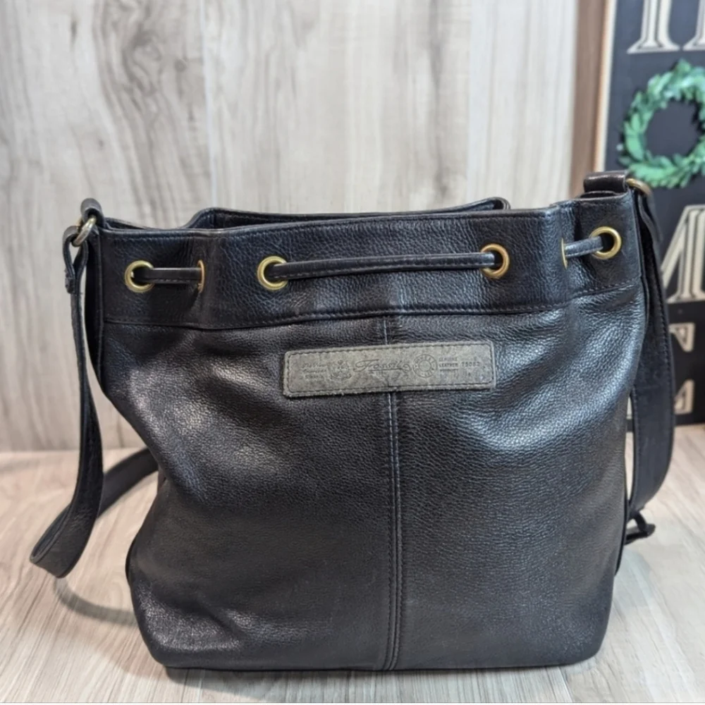 Women's Vintage Fossil Purse Black Leather Bucket Draw String - Picture 2 of 10